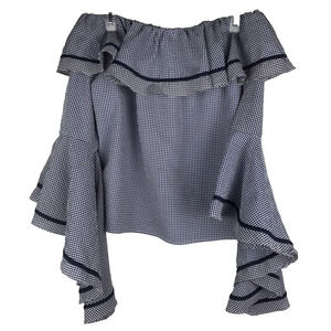 Liquid By Sioni Gingham Top Off The Shoulder Ruffle 3/4 Bell Sleeve Blue Size XL